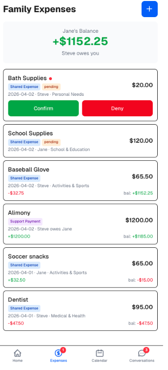 FairLedger expense ledger showing pending approvals, confirmed transactions with running balance, and support payments